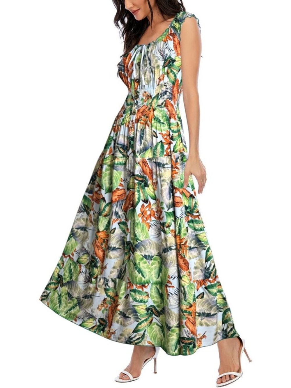 Women's Green Leafy Flower Boho Floral Maxi Summer Flowy Tiered Long Dress